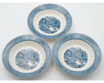 Ensemble de 3 bols à soupe Royal Currier et Ives Blue 8,25 po., vintage des années 1960