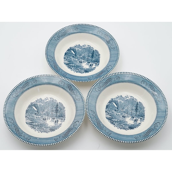 Vintage 1960s Royal Currier and Ives Blue 8.25" Rim Soup Bowls Set of 3