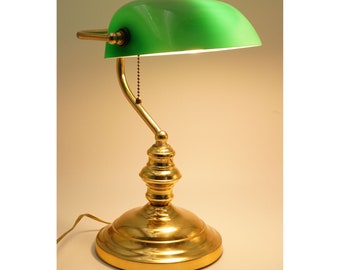 Lámpara de escritorio de banquero vintage, lámpara portátil con base de metal y pantalla ajustable de vidrio verde
