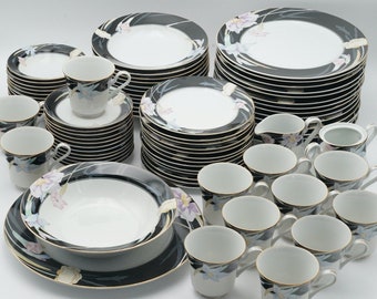 Vintage 1990s Mikasa Charisma Black Dinnerware Serveware Black Rim with Flowers Gold Trim Plates, Bowls, Cups *Pick Pieces*