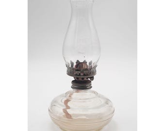 Vintage Anchor Hocking Glass Oil Lamp with Chimney, Etched F Monogram, 10" Tall