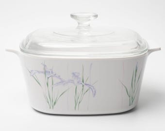 Cacerola vintage CorningWare France Pyroceram A-3-B Shadow Iris de 3 cuartos con tapa de vidrio A-9-C
