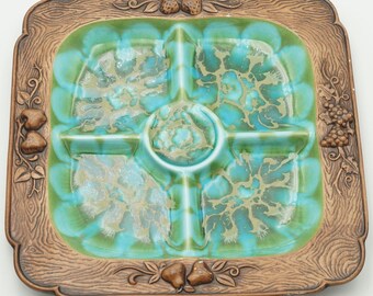 Vintage Treasure Craft Ceramic Divided Serving Tray Platter, Green & Brown - USA