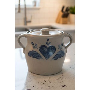 May include: A beige ceramic crock with a lid and two handles. The crock features a blue heart design with leaf and swirl accents. The kitchenware is on a white countertop.