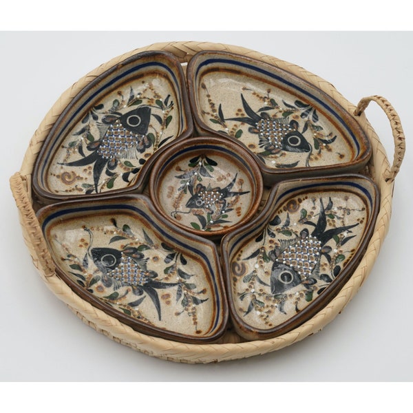 Vintage Tonala Mexican 6-Piece Fish Design Pottery Divided Serving Dishes, Handcrafted Relish Dishes Folk Art with Woven Basket