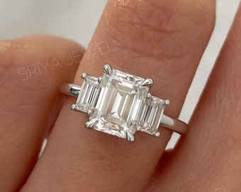 Drie stenen Emerald Cut 2,50 karaat Moissanite Ring, Emerald Cut verlovingsring, drie stenen Emerald Cut Ring.