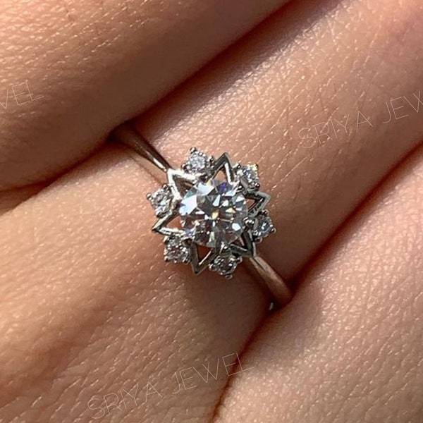 1.85 CTW Taglio rotondo Moissanite Anello di fidanzamento Anello di anniversario di design floreale Anello di promessa unico a forma di stella Anello di proposta delicato per lei