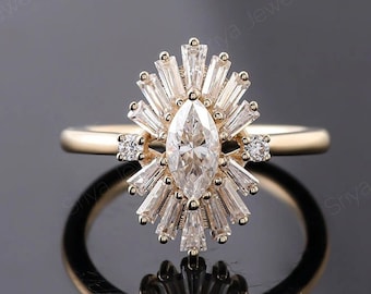 1.20 CT Marquise Cut Moissanite Engagement Ring, Unique Cluster Halo Wedding Ring, Vintage Art Deco Ring, Halo Multi Flower Anniversary Ring