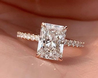 3 Ct Radiant Cut Moissanite Engagement Ring Hidden Halo Wedding Bridal Ring Solitaire Accent Pave Anniversary Ring Handmade Ring For Women