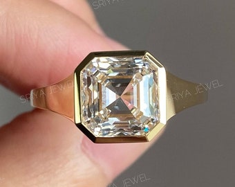 Asscher Cut 3.32 CT Moissanite Ring, Signet Bezel Set Engagement Ring, Simple Anniversary Gift For Men Designer Wedding Ring, sGift For Him