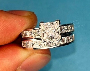 2 CT Princess Cut Moissanite Wedding Ring Set, Unique Channel Set Bridal Ring Set, Square Diamond Engagement Ring Set, Gold Anniversary Gift