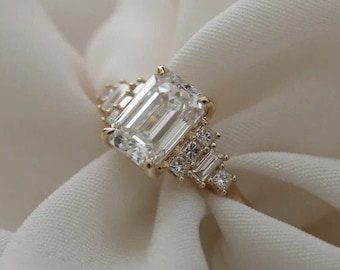 3.01 CT Emerald Cut Colorless Moissanite Engagement Ring Unique Princess and Baguette Cut Side Stone Wedding Ring, Proposal Wedding Ring