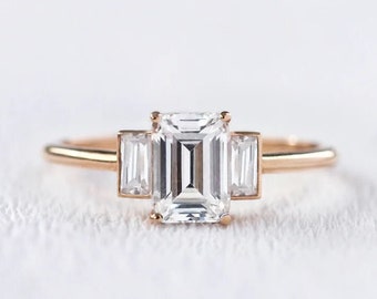 2.50 CT Emerald Cut Moissanite Engagement Ring, Three Stone Wedding Ring, Side Baguette Diamond Anniversary Gift Ring, Unique Ring For Her