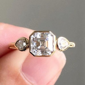 Asscher Cut 2 CT Moissanite Engagement Ring, Three Stone Ring, Full Bezel Set Wedding Ring, Anniversary Gift Ring For Women