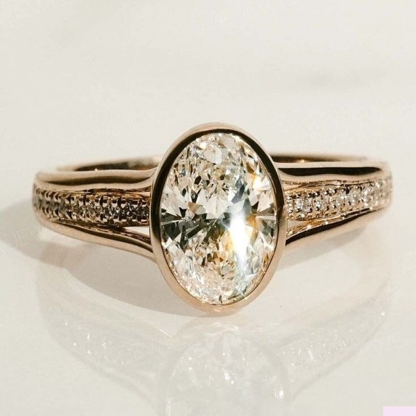 Oval Cut Bezel Set Moissanite Engagement Ring, 3.50 CT Oval Diamond Wedding Rings, Unique Split Shank Gold Anniversary Gift Ring For Love