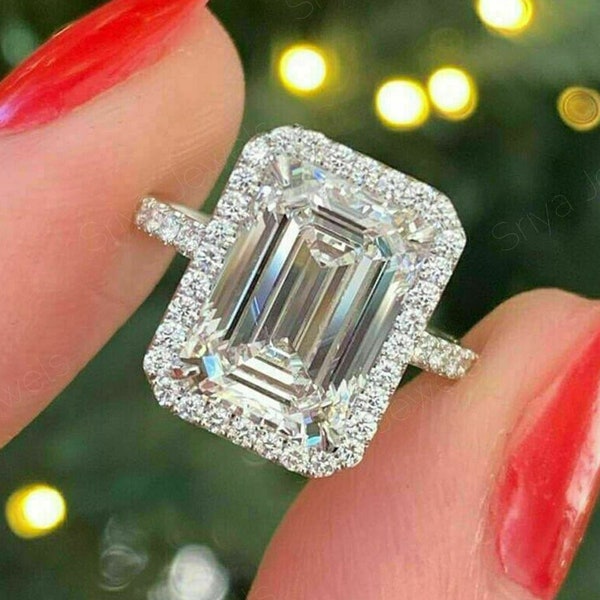 Emerald Cut Halo Ring, 3.50 CT Emerald Cut Moissanite Engagement Ring, Classic Solitaire Anniversary Gift Ring, Forever One Diamond Ring