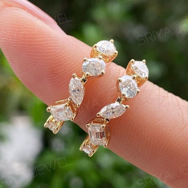 Mix Cut Moissanite Huggie Hoop Earrings, Multi Shape Moissanite Wedding Earring, Hoop Style Women Party Wear Earring, Eternity Hoops Earring