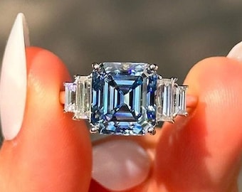 4 CT Asscher Cut Five Stone Ring, Square Cut Blue Moissanite Engagement Ring, Asscher Solitaire Step Cut Baguette Diamond Wedding Gift Ring