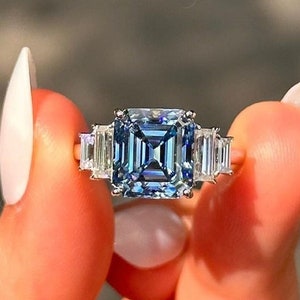4 CT Asscher Cut Five Stone Ring, Square Cut Blue Moissanite Engagement Ring, Asscher Solitaire Step Cut Baguette Diamond Wedding Gift Ring image 1