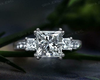 Princess Cut Moissanite Engagement Ring 2.50 Ct Princess Cut Art Deco Promise Ring Three Stone Wedding Ring Vintage Style Proposal Gift Ring