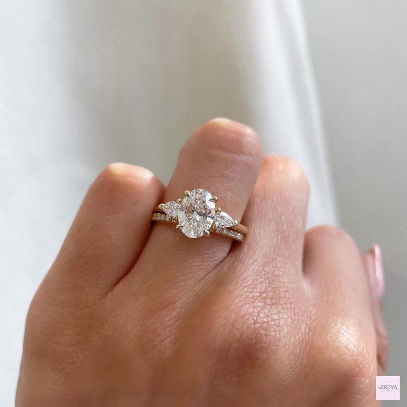 Oval Cut 2.50 CT Moissanite Bridal Ring Set, Three Stone Wedding Ring Set Stunning Trilogy Style Engagement Ring With Matching Eternity Band image 1