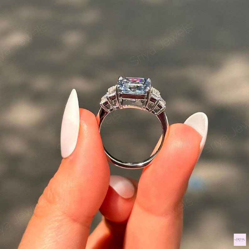 4 CT Asscher Cut Five Stone Ring, Square Cut Blue Moissanite Engagement Ring, Asscher Solitaire Step Cut Baguette Diamond Wedding Gift Ring image 3