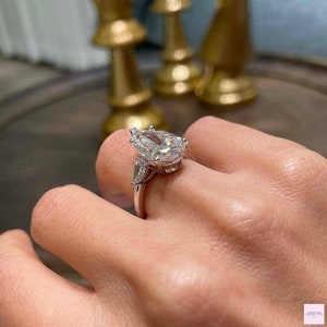 Three Stone Pear Cut Engagement Ring, 3 CT Flawless Teardrop Cut Moissanite Wedding Ring, Unique Trinity Diamond Anniversary Ring For Her image 3