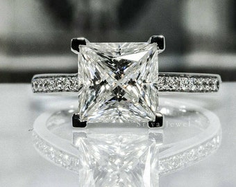 Princess Cut Colorless Moissanite Engagement Ring 5 Carat Four Prong Cathedral Shank Wedding Anniversary Gift For Women Birthday Gift Ring