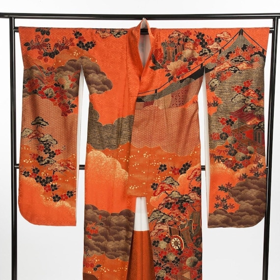 Rinzu Silk Damask Vintage Furisode Kimono and Opti