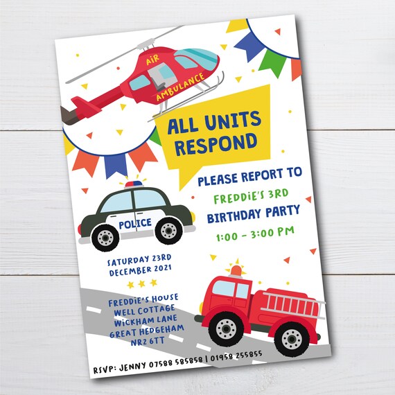 Personalised Emergency Vehicles Party Invitations Transport Etsy