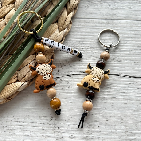 Highland Kuh Schlüsselanhänger, Schlüsselanhänger personalisiert, Schlüsselanhänger Perlen, Kuh Anhänger, Schlüsselanhänger Kinder