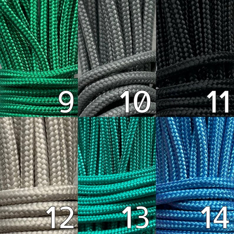 May include: Close-up of various colored braided cords. Colors include green, gray, black, beige, teal, and blue. Each cord is labeled with a number from 9 to 14. The cords are tightly woven and appear durable.