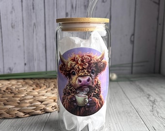 Drinking glass with lid and straw 500 ml, Highland cow drinking glass, Matcha glass, mug with lid straw, cow gift, bow flowers