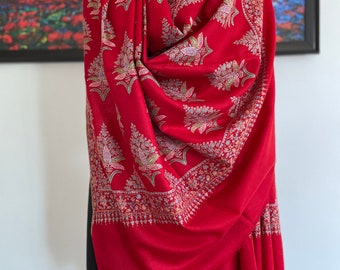 Pashmina  shawl,Christmas shawl, Red shawl, Handmade shawl,Hand woven shawl, Hand embroidered Shawl ,Pure Pashmina, Cashmere shawl, 40x80"