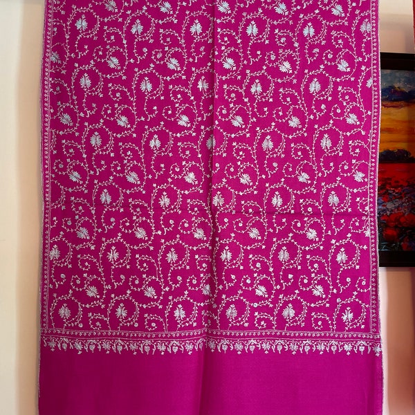 Hot Pink scarf, Tonal  scarf, Pashmina shawl,Beige scarf ,Cashmere scarf ,Handmade scarves, Sozni , Hand Embroidered,28x80 Inch