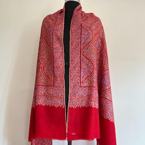 Red Silk Embroidered Pashmina Shawl: Kashmiri Handloom Sozni