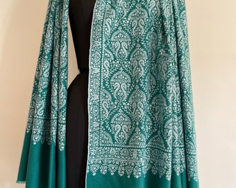 Kaschmirschal, Eleganter Schal, Handgemachter Schal, Tonal Aqua Grau Schal, Exklusiver Pashmina Schal, Handloom gewebt, Handstickerei, 100 x 200 cm