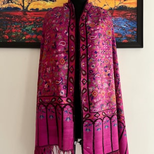 Bright Pink Kani Pashmina Shawl: Floral Paisley Jamawar Wrap