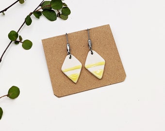 White porcelain earrings / yellow glaze / handmade ceramic earrings / wedding jewelry / unique / blackened silver / rhombus