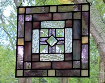 Stained Glass Panel - 8 x 8inch Geometric - Victorian Grape with Bevels
