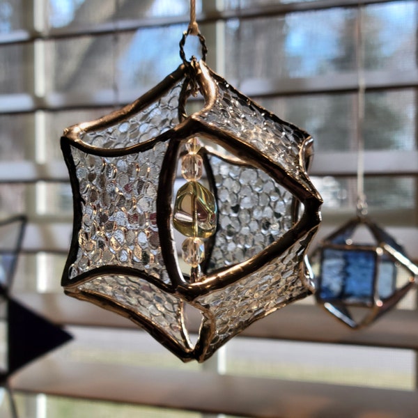 Stained Glass - Geometric - 3-inch 3-D Star Orb - Beautiful Clear Textured Glass with a Iridescent Pebble Bead and clear jewel bead Center