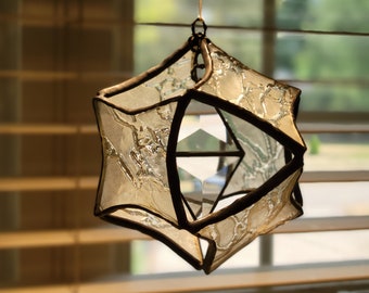 Stained Glass - 4 inch - Geometric Star Orb - 3D - Frosted Clear Crackle with a Double Bevel Diamond Center