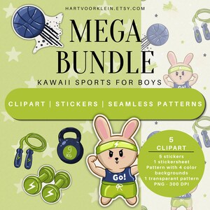 Op de afbeelding: Een digitaal grafisch pakket met sport-clipart, stickers en patronen. De tekst luidt MEGA BUNDLE KAWAII SPORTS FOR BOYS. Het bevat illustraties van een basketbal, springtouw, kettlebell, dumbbells en een konijnfiguur met sportkleding.