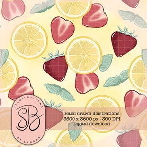 May include: A digital illustration featuring a repeating pattern of sliced lemons, strawberries, and mint leaves on a light yellow background. The image includes the text "Hand drawn illustrations" and "Digital download."