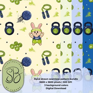 Op de afbeelding: Een naadloos digitaal patroon met een cartoonkonijn met een hoofdband en sportkleding, omringd door fitnessapparatuur waaronder donkerblauwe kettlebells met het label 9 KG, groene dumbbells, springtouwen en donkerblauwe basketballen.