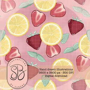 Op de afbeelding: Een digitale illustratie met een herhalend patroon van citroenschijfjes, aardbeien en muntbladeren op een roze achtergrond. De afbeelding bevat de tekst "Hand drawn illustrations 3600 x 3600 px - 300 DPI Digital download."