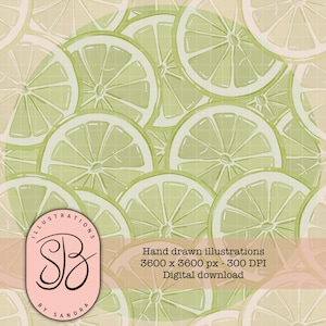 Op de afbeelding: Een digitale download met een naadloos patroon van limoenschijfjes in groen en wit. Het ontwerp bevat handgetekende illustraties met de tekst "Hand drawn illustrations 3600 x 3600 px - 300 DPI Digital download" en het SB-logo.