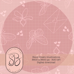 Op de afbeelding: Een digitale download met een roze achtergrond en een rasterpatroon. Witte lijntekeningen tonen bloemen, vlinders, enveloppen met harten en kleine hartjes. De afbeelding bevat de tekst "Hand drawn illustrations 3600 x 3600 px - 300 DPI Digital download."