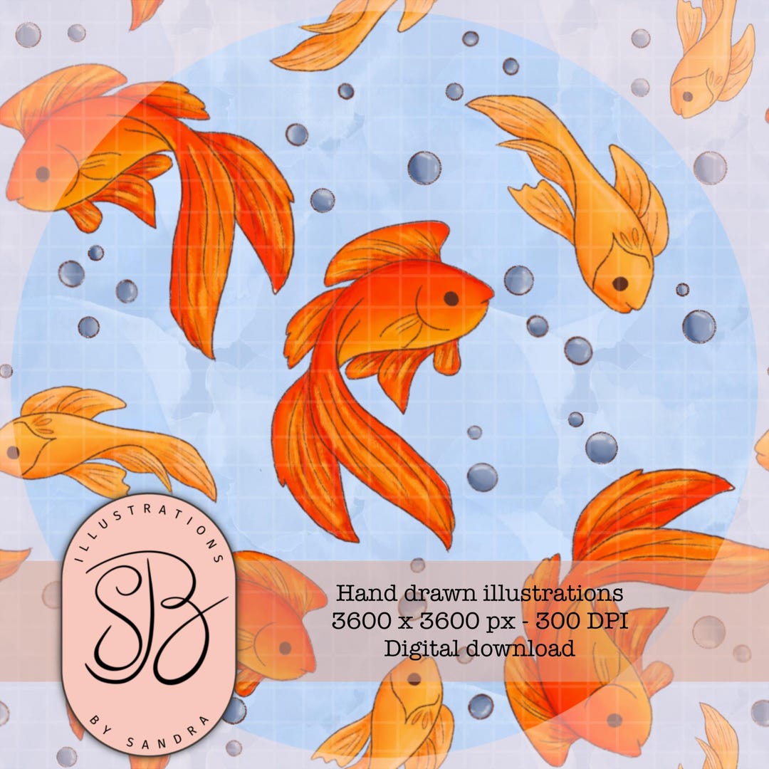 Seamless Goldfish Pattern, Cute Hand Drawn Fish Repeat Tile PNG ...