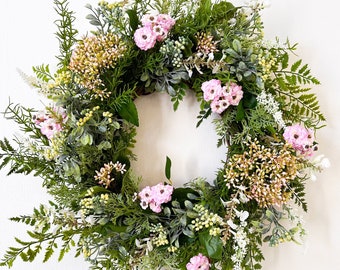 Spring Wildflower Wreath with Pink Roses & Ferns, Year Round Faux Greenery Wreath, Every Day Summer Wreath, Wild Woodland Cottage Core Decor